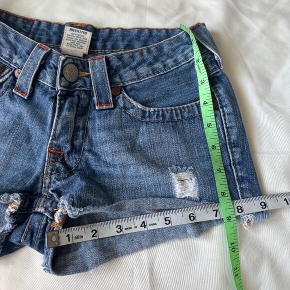 TRUE RELIGION Blue Jean Short Cut Off Raw Hem Daisy Distressed Low Rise 25 - Picture 5 of 7